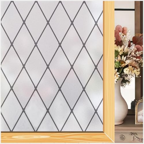 Deabevn Fensterfolie Blickdicht von Aussen, Milchglasfolie Statisch Haftend & UV-Schutz, 60 x 300 cm Schwarze Gitter Sichtschutzfolie Wiederverwendbar für Badezimmer, Küche, Fenster, Tür