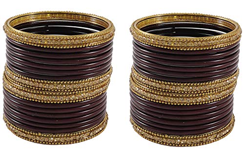 Image of NMII Glass With Zircon Gemstone Studded Worked and Ball Chain Or Plane Gloosy Finished Bangles Set For Women and Girls
