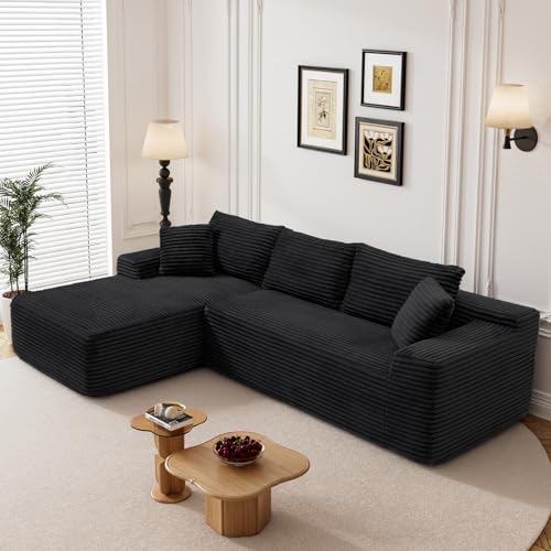 Image of 95 inch L Shaped Boneless Sectional Couches, Wide Armrest, Deep Seat, Memory Foam, Assembly Free, Modern Comfy Corduroy Fluffy Cloud Sofa with Left Chaise for Living Room, Small Spaces, Black