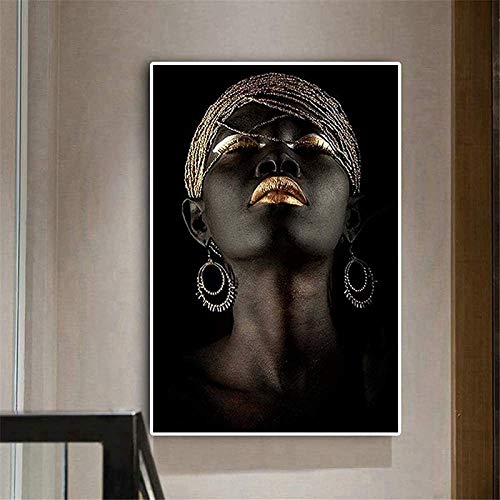 Imágenes de las mujeres africanas sobre lienzo, pintura abstracta de la lona, negro oro africa mujer modelo arte póster lienzo para sala de estar arte decoración no marco (60x80cm) Cover