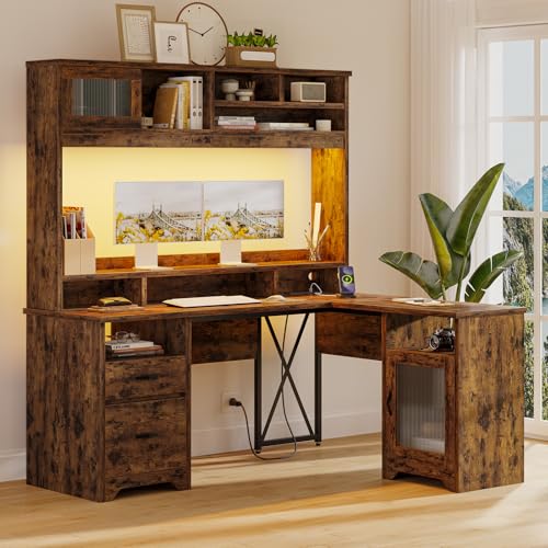 Bestier Farmhouse 63' L Shaped Desk with Hutch, Wood Computer Desk with Drawers, Charging Station...