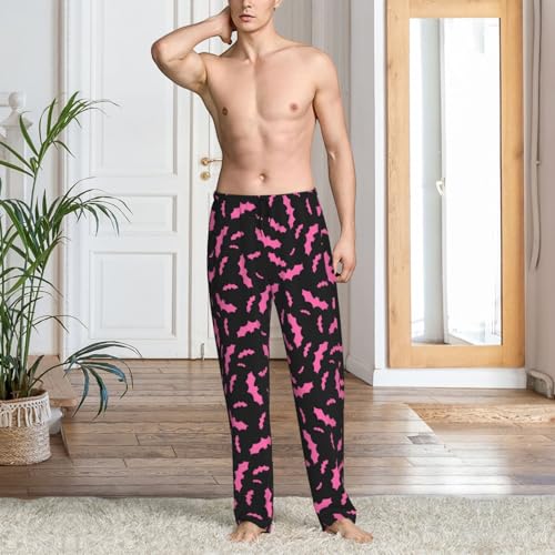 Mens Pajama Pants Bottoms with Pockets - Halloween pink bats black cool Comfy Mens Pj Pants, Soft Men Lounge Pants3