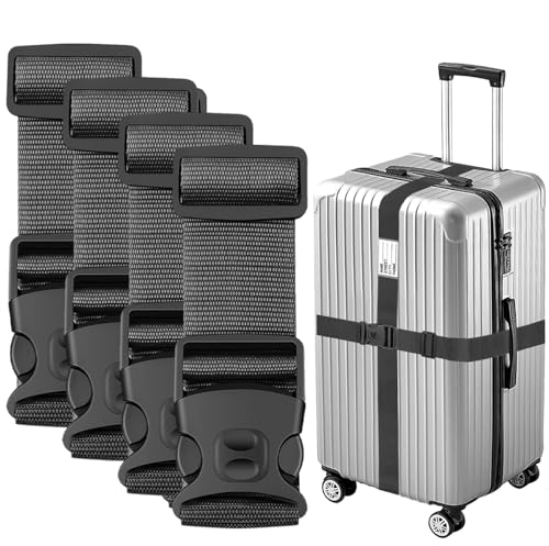 Image of BILIONE Luggage Straps Adjustable Suitcase Belt, Lockable Against Accidental Opening, Easy to Identify Travel Accessories, Add a Bag Connector Holds Suitcase (Versatile Black, 4 Pack)