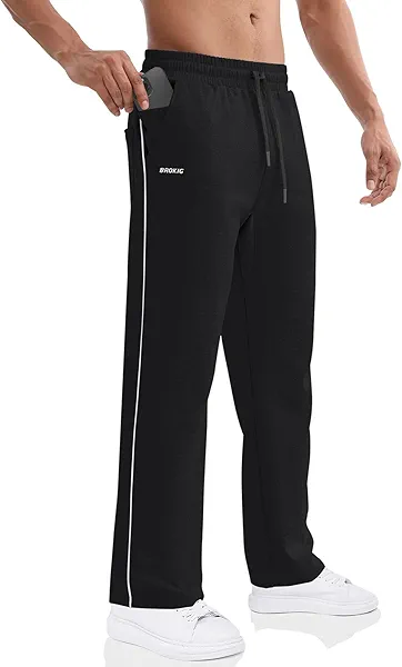 BROKIG Men's Gerade Athletic Pants Workout Jogger Pants Elastic Waistband Open Bottom Loose Sweat Pants with Zip Pockets