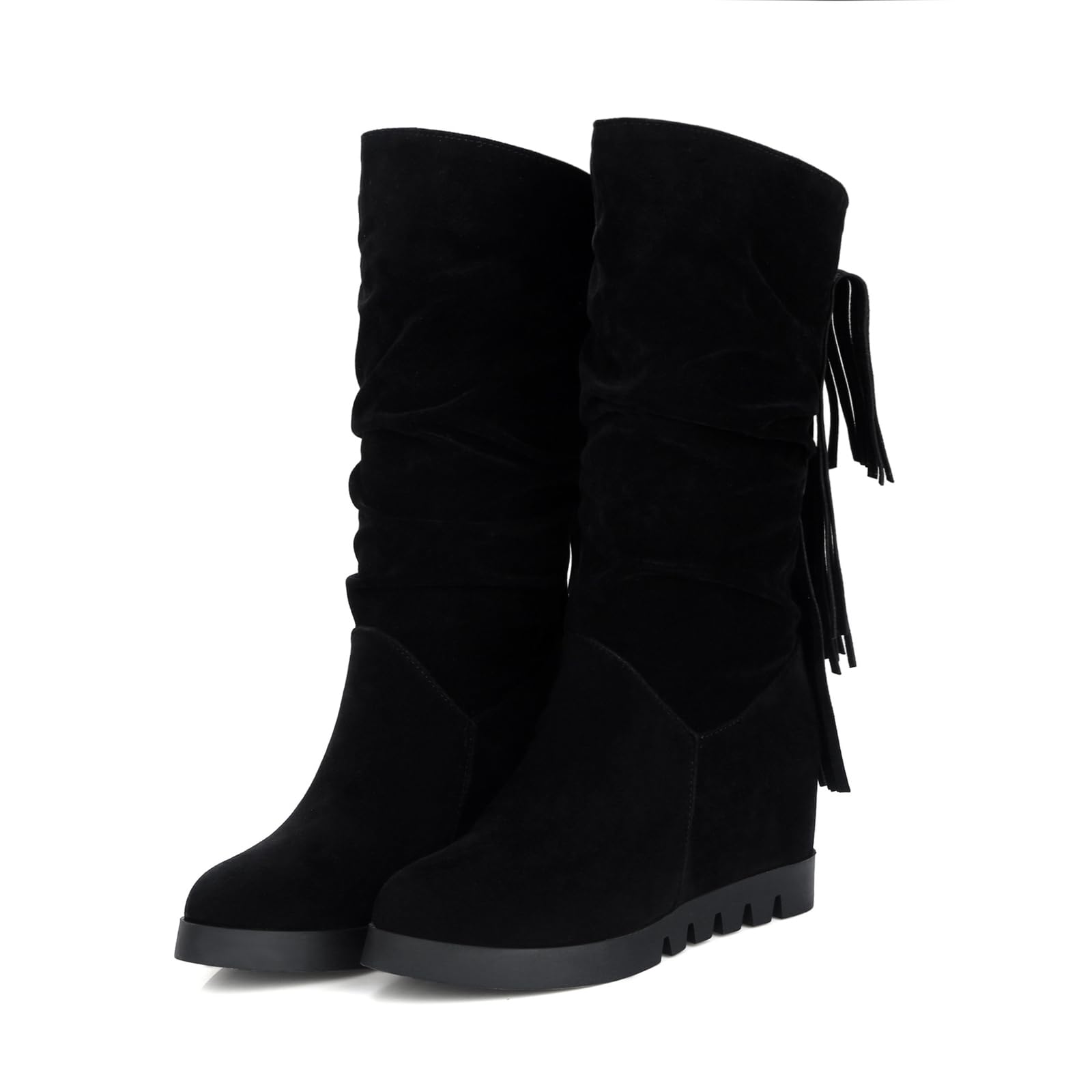 Womens Suede Tassel Round Toe High Boots Fashionable Slip-On Warm Knee-High Boots Suitable For Autumn And Winter Parties