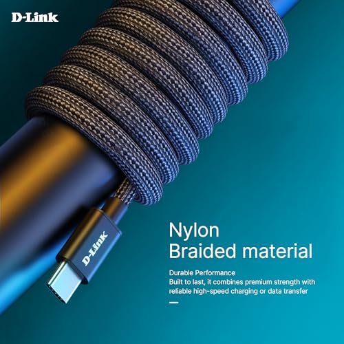 Image of D-Link DPA-FC501 Type-C to Type-C Fast Charging Cable 1.5M Braided 5.0A (100W) Output E-Marker Chip Nylon Tangle-Free Metal Connector High-Speed 480 Mbps Data Transfer Black