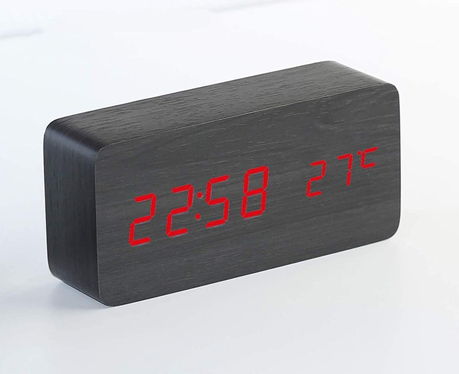 Reloj despertador silencioso de madera LED activado por voz, cubos multifunción electrónico, funciona con USB/batería, luz de madera blanca (luz roja negra)