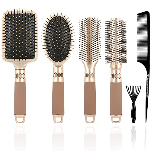 Womens Paddle Hair Brush Comb Set for Women and Men 6 Pcs Wet Hair Brushes for long Hair No Tangle Hair Brush for Curly or Straight Hair (Gold)