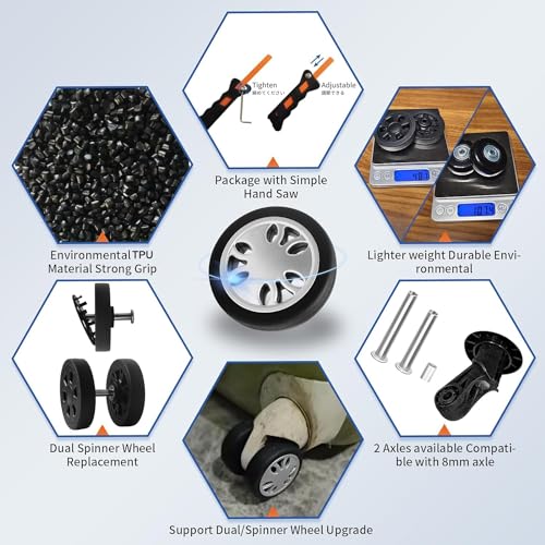 ASUNTOM 8PCS Luggage Wheels Replacement, 2 Inch TPU Rubber Smooth Silent Double-Row Spinner Wheels for Suitcase, Trolley Bag, Drawbar, Travel Box Caster Repair, Silver by ASUNTOM - Used condition - Image 3