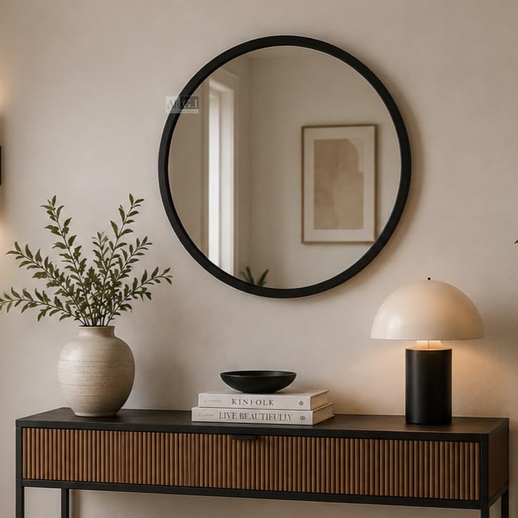 Image of Ali.G.I Round Wall Mirror, Modern Metal Framed Decorative Circle Vanity Mirror for Bathroom, Living Room, Bedroom & Entryway (Black 20 inch)
