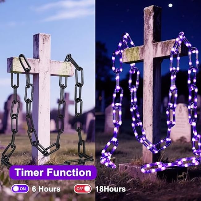 Battery Operated Halloween Lights, 10.5FT 175 LED Plastic Chains Lights, 8 Modes Waterproof Timer String Light for Skeleton Dog Creepy Costumes Accessories Spooky Outdoor Decorations(Purple)