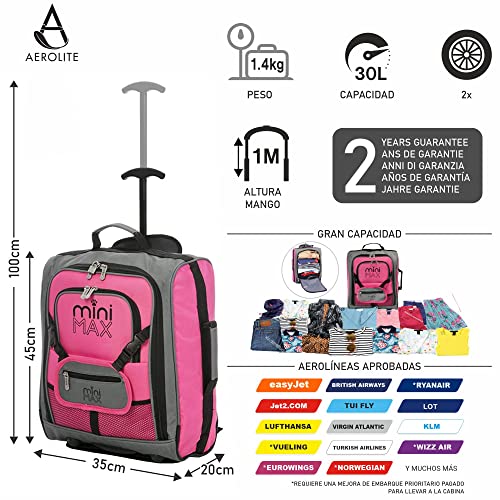 Miniatura 2 de Aerolite Minimax Maleta Para Niños Easyjet 45x36x20 Tamaño Máximo Trolley De Mano 30l Debajo Del Asiento Trolley Mochila Equipaje De Mano Junior Con 2 Años De Garantía Rosa