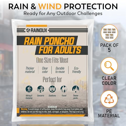 Image of Disposable Rain Ponchos for Adults, 5 Pack /10 Pack, Emergency Waterproof Rain Poncho for Hiking & Travel