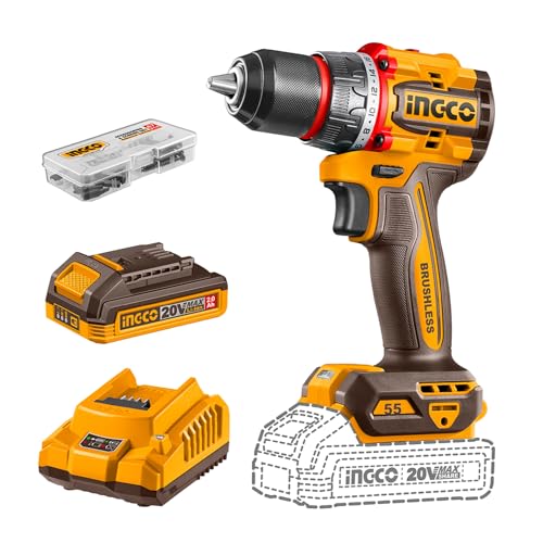INGCO 20V Cordless Brushless Drill 55NM, 2-Speed Adjstment 500/2000RPM, 13mm Metal Chuck, 22+1 Torque settings, LED Work light, Electric Drill With 1Pcs 2.0Ah Battery And Charger, 47Pcs Drill Bits Set