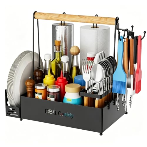 DCPWRHB Portable BBQ Grill for Coleman NXT 300 2013-2018, Multi Compartment Outdoor Grilling Organizer with Plate Rack, Paper Towel Holder & Tool Hooks for Camping,B