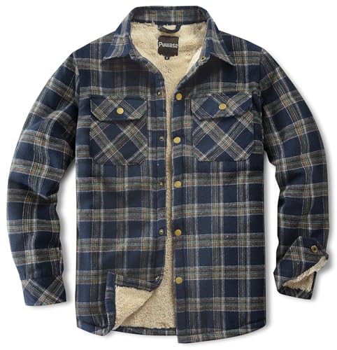 Image of Men's Sherpa Cotton Flannel Shirt Jacket Plaid Button Coat Pocket
