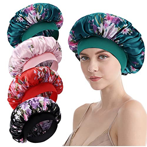 LADES Silk Satin Bonnet-4 Packs Women Satin Hair Bonnet for Curly Hair Satin Bonnet Silk Sleep Cap Silk Hair Wrap for Sleeping Black Hair