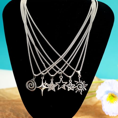6PCS Y2K Star Vortex Sun Pentagram Necklace Set for Women Men – Retro Grunge Gothic Stainless Steel Chain Jewelry3