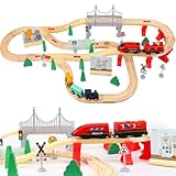 XIAPIA Wooden Train Set for Toddler, 72 Pcs Wooden Train Track Fits Thomas/Brio/Melissa and Doug, Train Toy for 2 3 4 5 Year Old Boy Girl Gifts Presents For Christmas Xmas New Year