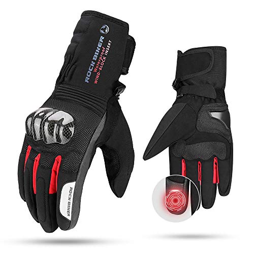 ISSYZONE 1 Paire Gants Moto Hiver Chauds en Peluche, Gants à Écran Tactile en Micro Fibre de Carbone, Gants Plein-Doigt Antidérapant Imperméable Coupe-Vent pour Moto, VTT, Escalade