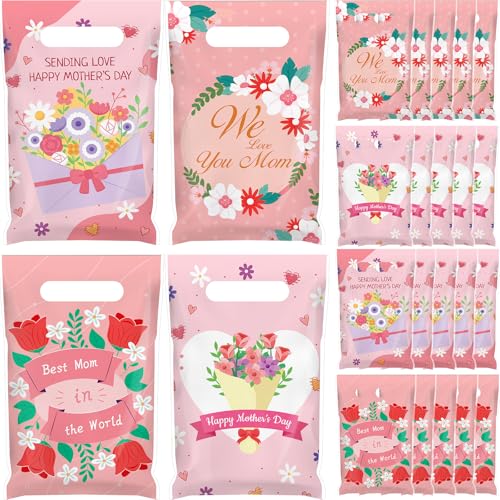 Colarr 48 Pieces Happy Mothers Day Gift Bags with Handle Best Mom Treat Candy Goodie Bags with Flower Patterns for Mothers Day Holiday Party Favor Gift Wrapping
