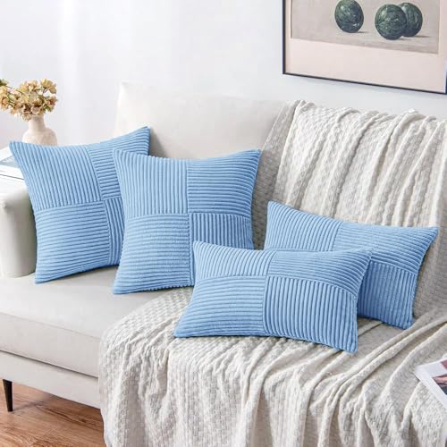 Image of MIULEE Light Blue Decorative Throw Pillow Covers 18x18 Inch for Couch Bed Sofa Pack of 2 Boho Farmhouse Throw Pillows Soft Cross Corduroy Patchwork Textured Cushion Cases