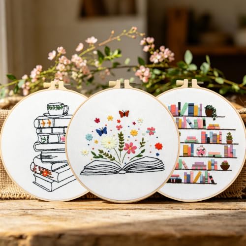 Image of Armindou Flowers Embroidery Kits for Beginners Adults, Hand Embroidery Set Needlepoint Kits, Floral Book Stamped Cross Stitch Kits for Beginners Adults, 3 Embroidery Hoops (Attached Video Tutorial)