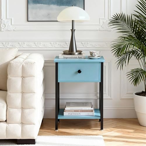 Image of VECELO Nightstands, Modern Bedside End Tables Set of 2, Night Stand with Drawer and Storage Shelf for Living Room Bedroom, Industrial Metal Frame
