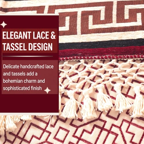 Image of HOKIPO 'Imperial Tassel Series' Thick & Soft Chenille Jacquard Sofa Cover 2 Seater Set for Seat, Back & Arms with Tassels, Royal Red (IN-1010 + IN-1012-I3*2)