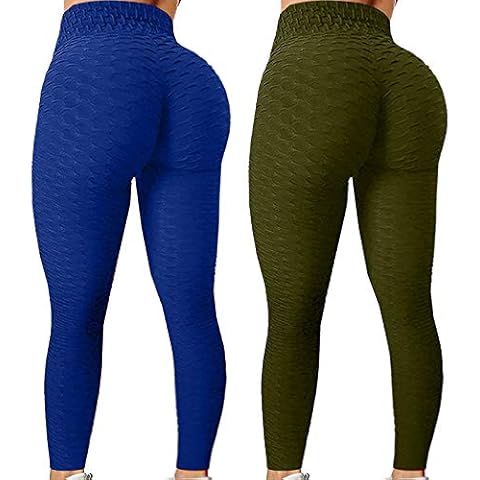 CUTUDE 2PC Leggings Honeycomb Anti Cellulite Textured Tights Women High Waist Yoga Pants Ladies Bubble Jacquard Scrunch Ruched Butt Lift Fitness Running Gym Sports Trousers (B-Green, L) Cover