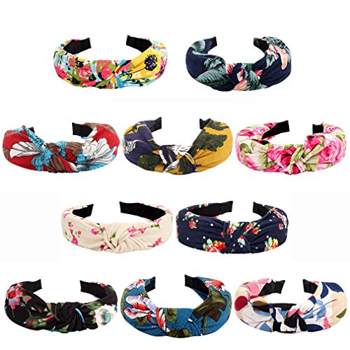 CAVETEE 10 Pcs Knotted Headbands for Women Floral Twist Turban Headbands for Women Boho Headbands for Women Elastic Non-slip Hair Accessorie