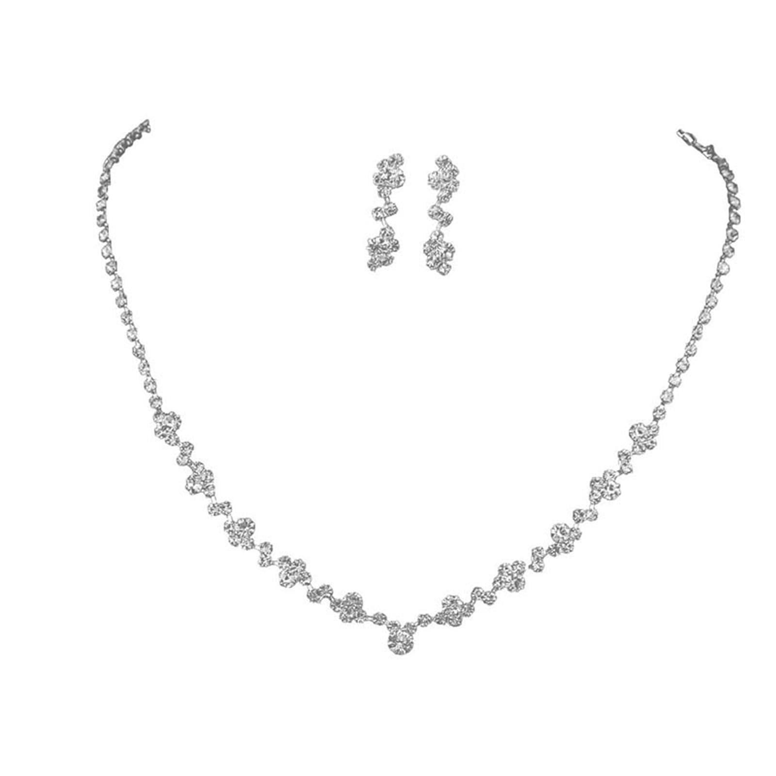 FSYXK Conjuntos de joyas de boda para novia Juego de joyas de cristal de plata collar y pendientes con diamantes de imitación para mujeres y niñas estilo
