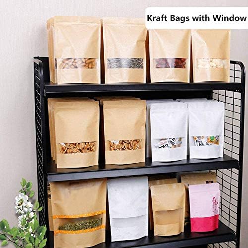 50Pcs Kraft Zip Lock Stand Up Bags Pouches with Notch and Transparent Window for Food Storage (9x14cm)