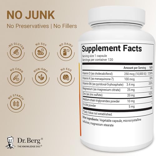 Dr. Berg Vitamin D3 & K2 10,000 IU + MK-7 – 120 Capsules – Immune, Bone & Heart Support* Supplement w/Magnesium, Zinc, B6 – 4X Lab-Tested – No Fillers – Non-GMO, cGMP, Formulated in USA