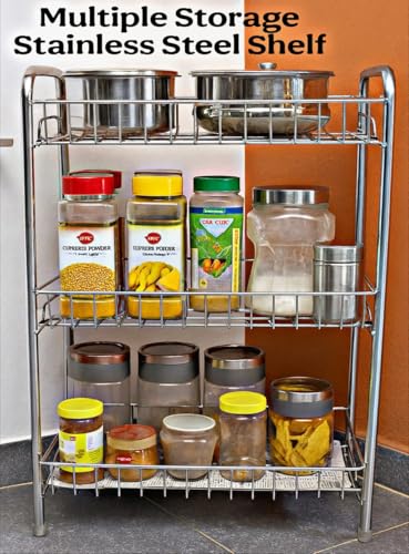 Image of 3-Tier Stainless Steel Kitchen Storage Rack, Multi-Purpose Organizer Shelf, Spice Jars Stand, Counter Organizer for Pantry Storage, 52x40x20, Silver