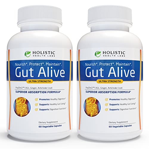 Image of Holistic Health Labs Gut Alive - All Natural Support to Fight IBS, Heartburn, Acid Indigestion, Acid Reflux, Bloating & Gas. Unique Formulation (60 Count (Pack of 2))