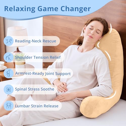 Image of Sasttie Reading Pillow for Bed, Back Pillow for Sitting Up, Camel | 25 inch Backrest Support Cushion for Couch, Sofa, and Floor, Dorm Essentials, OEKO-TEX, Adjustable Down Alternative Fill