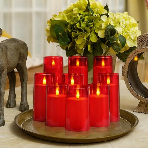 Image of Homemory Christmas Red Flickering Flameless Candles, Battery Operated Acrylic LED Pillar Candles with Remote Control and Timer, Set of 9