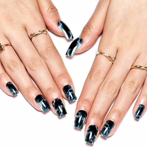 GLAMERMAID Ombre Press on Nails Medium Square, White Marbling in Black Jelly Gel Nails Square Fake Nails, Glossy Stick Glue on Nails Kit for Women, Reusable Stick on Acrylic Fake Nails Manicure Set — view 4