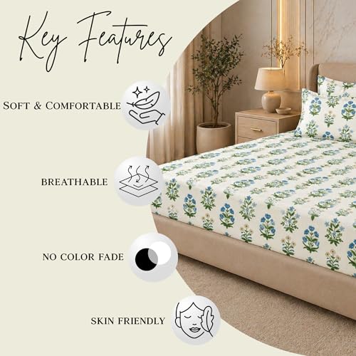 Image of THEA King Elastic Fitted Double Bedsheet Set| 100% Cotton Like Soft Fabric | Microfiber King Elastic Double Bedsheet for King Size Bed (72 X 78 x 10 inches) with 2 Pillow covers,Boota Floral