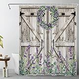 Western Barn Door Shower Curtain for Bathroom, Purple Lavender and Green Eucalyptus Wreath on Rustic Wood Boards Fabric Shower Curtain with Hooks, Botanical Bathroom Curtains Shower Set, 60x72 inches