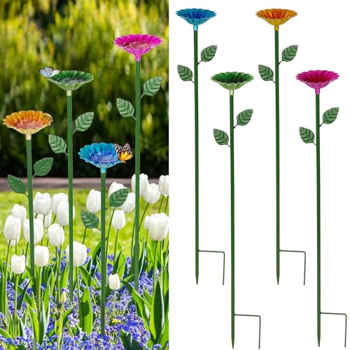 Whchiy 4 Pack Bee Watering Station Bee Baths for Garden Colorful Bee Butterfly Feeders for Yard Decor Metal Decorative Garden Stakes (Red Green Blue Yellow)
