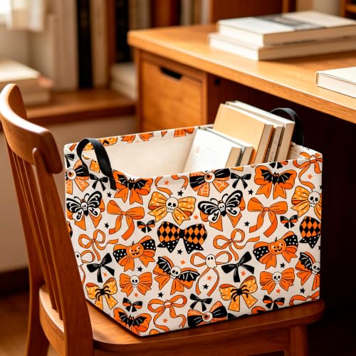 Image of CLOCOR Rectangular Storage Basket,Collapsible Cute Pattern Storage Bin,Waterproof Books Box with Handles,Gift Basket(Halloween Bowknot)