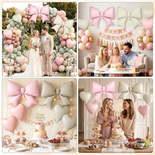 Image of 12 Pcs 18 Inch Heart Balloons and 38 Inch Bow Balloons, Large Foil Bow Heart Balloon Bow Party Decorations for Birthday Baby Shower Valentines Wedding Party