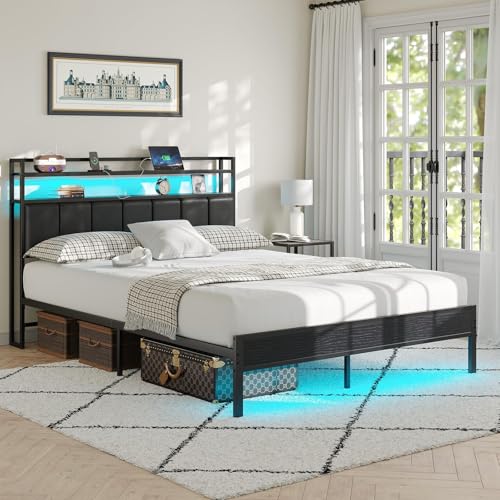 Image of Full Size Bed Frame with Upholstered Headboard and 2-Tier Storage Shelves | Metal / Charging Station / LED Lights / Noise Free / No Box Spring Needed / Black
