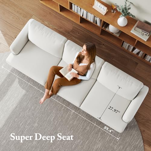 Image of Busaurus 3 Seater Sofa Couch with Deep Seats, 89 inch Mid Century Modern Upholstered Sofa, Comfy Sofas with Armrests, Couches for Living Room, Bedroom, Apartment and Office (Beige)
