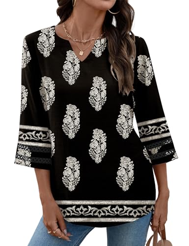 LOMON Boho Tops for Women 2026 3/4 Length Sleeve V Neck T Shirts Black Shirts for Women Dressy Casual Work Top - image 3