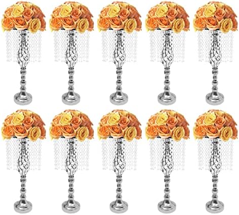 10 Pcs Tabletop Metal Wedding Flower Vase, 19.3in/49cm Height Vases for Centerpieces Silver Crystal Flower Stand for Anniversary Ceremony Party Birthday Event Aisle Home Decoration