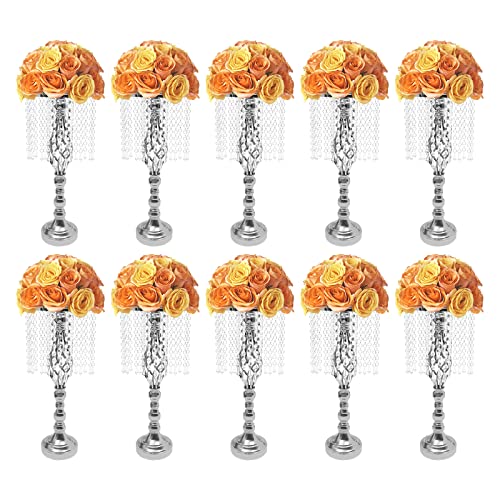 10 Pcs Tabletop Metal Wedding Flower Vase, 19.3In/49Cm Height Vases For Centerpieces Silver Crystal Flower Stand For Anniversary Ceremony Party Birthday Event Aisle Home Decoration #TOP3