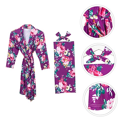 Robe de grossesse pourpre avec couverture bébé et bandeau en coton doux - 3